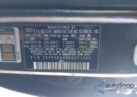 2019 Kia Sorento 2.4L Lx z USA, uszkodzony, nr VIN 5XYPGDA30KG451663